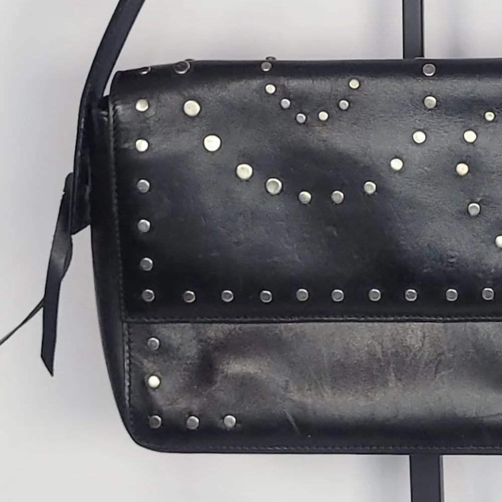 BCBG Max Azria Studded Leather Shoulder Bag Black Studded Flap Purse Y2K Style - Picture 5 of 11